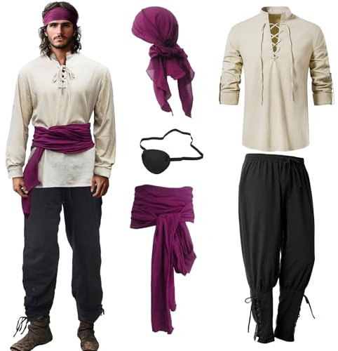 Ginkago Deguisement Pirate Homme et Femme avec Ceinture Bandana Cache Oeil Pirate CostumeHomme Chemise Pirate Homme pour Adulte Halloween Carnaval Anniversaire Pirate (Rouge, L)