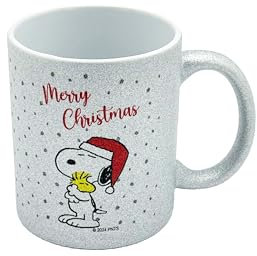 Peanuts Tasse | Snoopy Woodstock | kleine Geschenke für Frauen, Männer oder Kinder | Weihnachten | Kaffeetasse | Teetasse | 330 ml | Merry Christmas (silber Glitzer, 330 ml, Weihnachten)