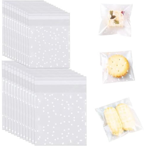 200PCS Selbstklebende Süssigkeiten Tüte, Transparent Weiße Tupfen Plätzchentüten, 2 Stile Kekstüten Geschenktüten 5.5x5.5cm/10x15cm zur Aufbewahrung von Süßigkeiten, Keksen und Geschenke