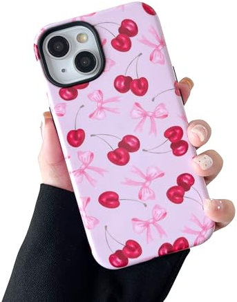 DEFBSC Case for iPhone 15, Cute Pink Bow Cherry Print Aesthetic Trendy Pattern for Women Girls Slim Durable Bumper Shockproof Hybrid Hard Back Phone Cover, Big Ribbon/Glossy