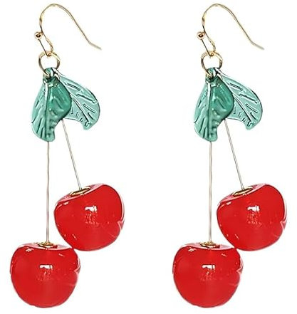 Bezaubernde Kirschen Ohrringe Hänge mit Grünen Kristall Blättern für Damen Mama Freundinnen Anhänger 3D-Frucht Eleganter Schmuck Geschenke (Rot)