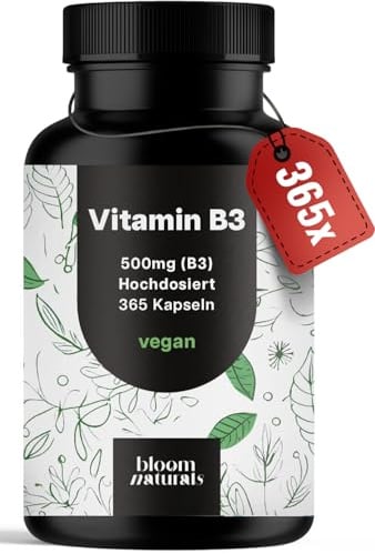 Vitamin B3 Niacinamid hochdosiert – 365 Kapseln – 500 mg pro Kapsel | Niacinamid – vegan, produziert in Deutschland, laborgeprüft