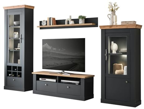 Furn.Design Wohnwand in grau und Wotan Eiche Landhaus Wohnkombination 4-teilig 299 x 201 cm, Ribera