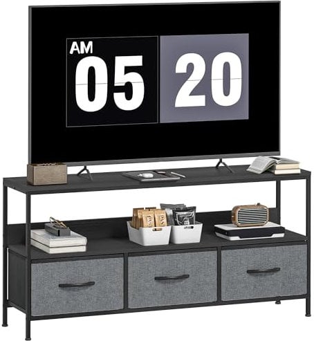 HOMCOM TV Stand Cabinet up to 55-inch, TV Unit with 3 Foldable Linen Drawers, Open Shelf for Living Room, Bedroom, Entertainment Room, Black