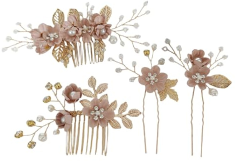 Perlenkristall-Blumen-Braut-Haarkamm-Zubehör-Set, rosa Brautjungfer, Hochzeit, Strass-Haarnadeln mit Blättern, elegante Blumenblätter, Rose, Braut-Kopfschmuck, Kopfschmuck für Frauen (4 Stück)