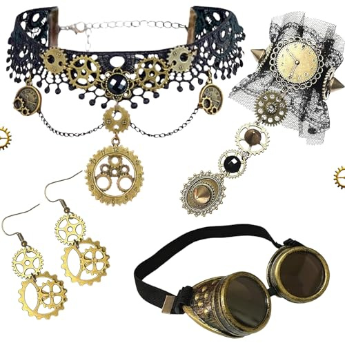 Benaton 4-teiliges Steampunk Damen Accessoires Set, Gothic Schmuck mit Glitzersteinen, Zahnräder Choker, Spitze Choker für Halloween, Karneval, Maskerade