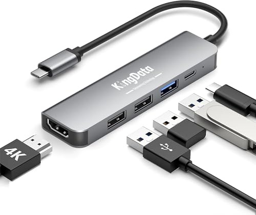 KingData USB C Hub, 5-in-1 USB-C Multiport Adapter with 100W Max PD, 4K HDMI, 3 USB-A Data Ports, Aluminum Type C Hub for M1/M2 MacBook Air, iPhone 15 16 17 Pro/Pro Max, Galaxy, Surface Go, XPS, iPad