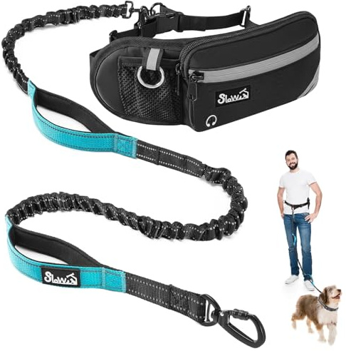 Eyein Joggingleine Hunde mit Bauchgurt, Freihändig Hundeleine mit Abnehmbare Gürteltasche, Reflektierende Laufleine mit stoßdämpfendem Bungee und Dual Griffe zum Joggen Laufen Wandern (L für 1 Hund)