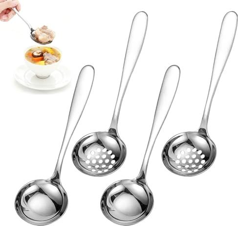 4Pcs Ladle Stainless Steel Spoon Kitchen Slotted Spoons and Soup Ladle Set | Heavy Duty Soup Slotted Ladels Soup Spoons Serving Ladles Spoon for Soup Sauce Stew Cooking Daily Cooking Utensil Set