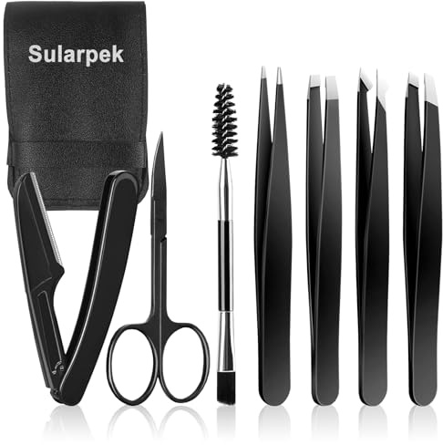Sularpek 7 Piezas Pinzas Depilar Profesionales, Pinzas Profesionales para Cejas para Pelos Faciales, Espinillas y Astillas, Incluye Estuche de Cuero,Negro