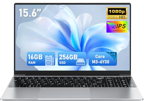 FUNYET Laptop, Ordinateur Portable 2025 15,6 Pouces, 16 Go de RAM, SSD de 256 Go, processeur Core M3-6Y30, écran IPS FHD 1920 x 1080, Ouverture à 180°，5000 mAh, Emplacement pour Carte TF