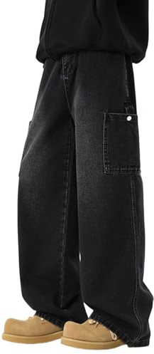 PADOLA Jeans Uomo Vintage Baggy Y2K Streetwear Pantaloni Cargo da Lavoro Larghi a Taglio Dritto Vita Elasticizzata Posteriore Lavaggio Sbiadito e Multi Tasche