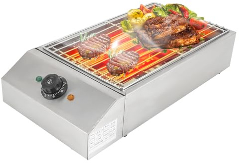2600W Elektrischer Grill mit Edelstahl-Grillrost, Kommerzieller Elektrogrill, 54cm Elektrischer Tischgrill Antihaftbeschichtung, regulierbares Thermostat, Fettauffangschale 5-10 Personen