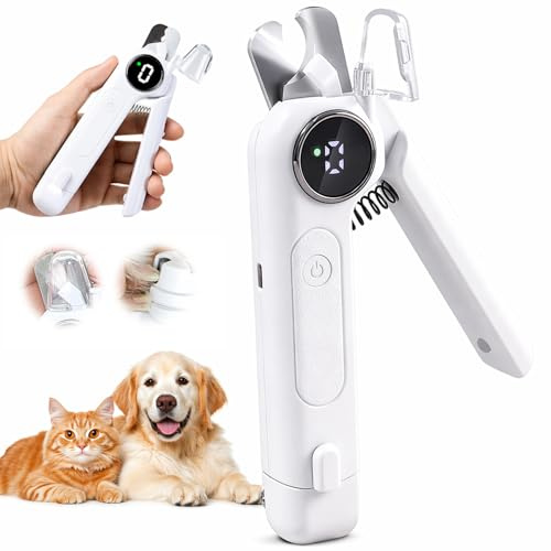 Qibivfo Cortauñas Perro con Luz LED 2 en 1, Corta Uñas para Perro y Gato con Lima Eléctrica, 3 Velocidades, Silencioso, Depósito Antisalpicaduras, USB-C, Pantalla LED