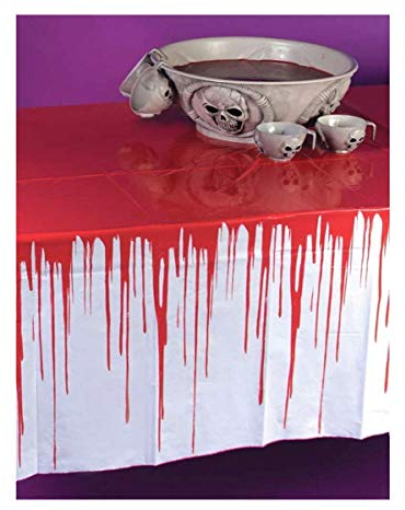 Horror-Shop Blutige Tischdecke - Rechteckig, Kunststoff, Halloween Tablecloth, ca. 129 cm x 259 cm, Rot, Blutstain, Gothic/Dark, Plissiert, Blutartiges Splatter Muster mit Seitendrip