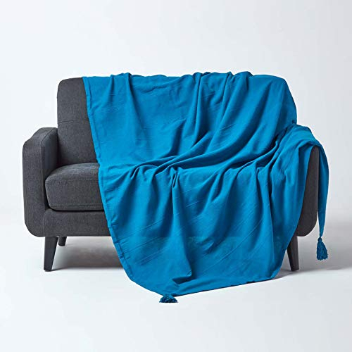 Homescapes extra große Tagesdecke Rajput, türkis/blau, Wohndecke aus 100% Baumwolle, 255 x 360 cm, Sofaüberwurf/Couchüberwurf in RIPP-Optik