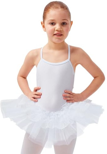 tanzmuster Kinder Ballett Trikot mit Tutu Antonia mit 3-lagigem Tüll und Einer Lage Spitze. EIN Zauberhaftes Ballettkleid für Mädchen in weiß, Größe:140/146