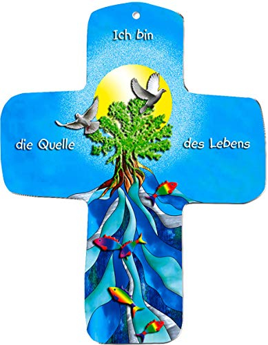 metALUm Kleines Kreuz zum Aufhängen aus stabilem MDF Lebendiges Wasser, Ich bin die Quelle des Lebens, Geschenk zur Kommunion, Konfirmation oder Taufe