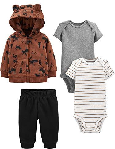 Simple Joys by Carter's Completo Giacca, Pantaloni e Body in 4 Pezzi Bimbo, Bianco Righe/Grigio Puntinato/Marrone Renne/Nero, 0 mesi