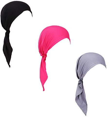 Qovelly vorgebundenes Chemo-Kopftuch, 3er-Pack, Beanie-Totenkopf-Abdeckkappe für Frauen, Set, 6-langer Stil, D3-langer Riemen, 3er-Pack, Einheitsgröße