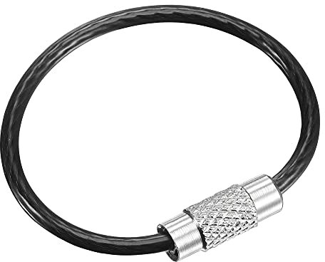 sourcing map Wire Keychain 90mm Length Key Ring Loop Cable for Handbag Lanyard Zipper, PVC Coated Stainless Steel, Black, Pack of 6