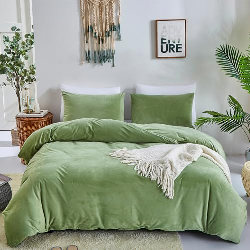 CLOTHKNOW Grünes flauschiges Bettbezug-Set King Sage Grün Samt Bettwäsche-Sets Frauen Mädchen Bettwäsche Flauschige Flanell Bettwäsche Weich Grün Bettwäsche Kollektion 3 Stück Hellgrün Bettbezug Sets