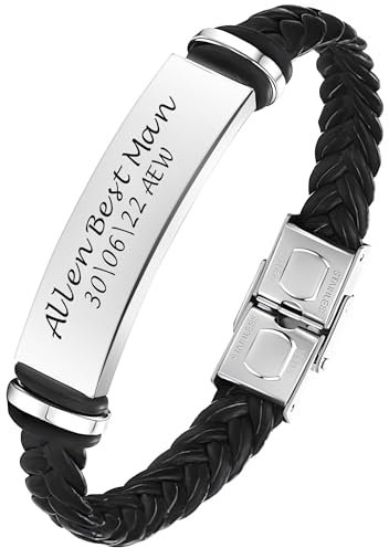 EDSG Personalised Mens Bracelet | Leather Engraved Bracelet Gift for Boyfriend Husband Dad Bestman | Gift for Christmas, Birthday, Wedding, Anniversary, Father's Day | Customised Name (Groomsman)