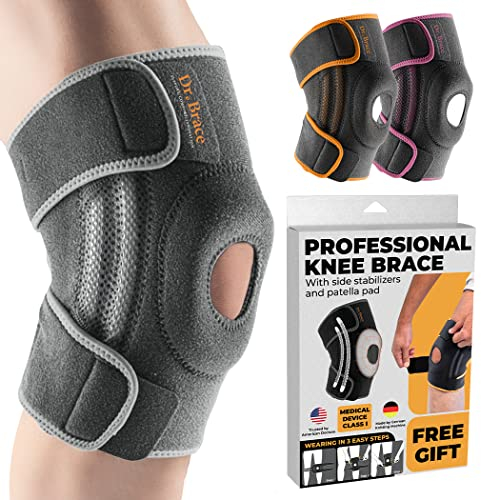 DR. BRACE ELITE - Rodillera con estabilizadores laterales y almohadillas de gel para rótula para un máximo apoyo al dolor de rodilla y recuperación rápida para hombres y mujeres. Comprueba cómo medir