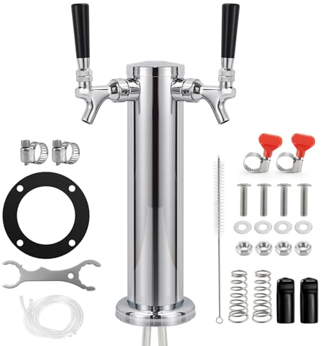 Hgkeke Dual Beer Tower Dispenser - Double Tap Kegerator Tower Draft Beer Tower Dispenser Pre-installed 5ft Beer Line Stainless Steel Core Faucet Double Keg Tap Beer Tower for 3 Kegerator Tower
