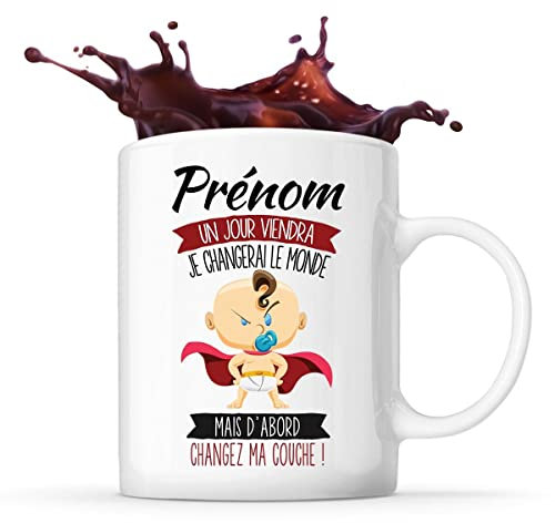 Planetee Tasse prénom personnalisable mignon avec garçon| Mug Cadeau de naissance personnalisé garçon ou anniversaire 3 mois