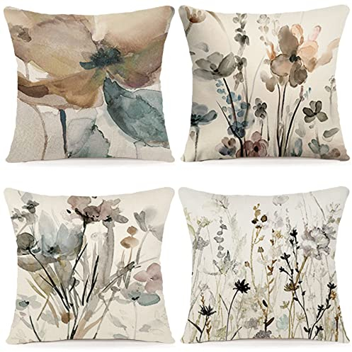 YCOLL Blumen Kissenbezug 45x45 4er Set Kissenhülle Leinen Sofakissen Moderne Abstrakte Blumen Aquarellmalerei Dekokissen für Sofa Schlafzimmer Couch Outdoor Kissenbezüge 45x45 A090