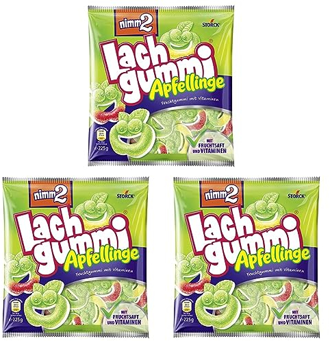 nimm2 Lachgummi Apfellinge – 1 x 225g – Saure Fruchtgummis mit Fruchtsaft und Vitaminen (Packung mit 3)