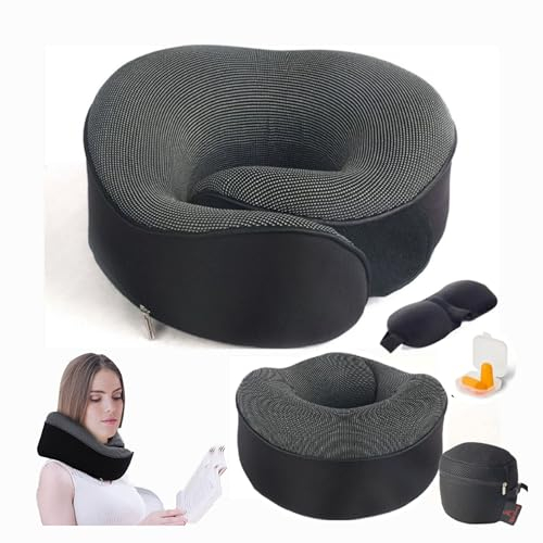 Reisekissen, Flugzeugkissen, Reisekissen, ergonomisches Nackenstützkissen, Reisekissen, aus Memory-Schaum, Reisekissen, Reisekissen, Flugzeug, Schwarz + Nachtmaske + Ohrstöpsel
