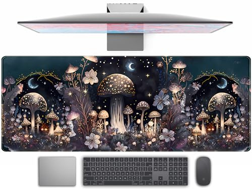 Mauspad mit niedlichem dunklem Pilz, Mond, Nacht, XL, erweitert, groß, Gaming-Schreibtischunterlage mit genähten Kanten, Schreibtischunterlage, Computer-Laptop-Tastatur und Mauspad für Damen, Büro,