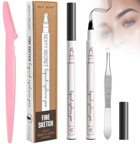 2 Stück Augenbrauenstift Wasserfest,Brauenstift,Flüssiger Augenbrauenstift,mit Vier Gabelspitzen Microblading,Wischfest Langanhaltenden Augenbrauenstift-Schwarz