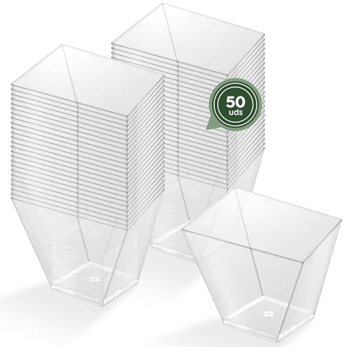 Horeca Collection - 50 Uds Bol Cuadrado Grande Asimétrico Transparente 180 cc - 7,5 x 7 cm - Vasitos Aperitivos Plastico - Vasitos para Postres - Catering - Cuencos - Vasos - Finger Food