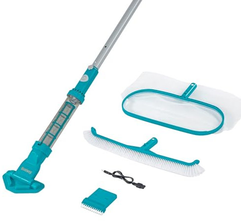 AquaSurge Poolpflege-Set mit akkubetriebenem Poolsauger, Kescher und Poolbürste, für Pools bis 610 cm, 50 min Laufzeit, Ladekabel, 0,54 L Schmutzbehälter, 2 Saugköpfe, Haltestiel, langlebiges Netz