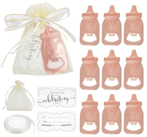 12 Stück Baby Party Flaschenöffner Hochzeit Geschenk Mini Lustig Personalisiert Bier Set mit Klein Tasch Babyparty,Reveal,Schlüssel,Tauf,Geburtstag Dank,Gastgeschenke,Männer Zubehör (Roségold)