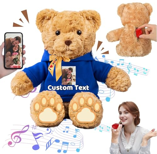 FAHOXUMR Personalisierter Teddybär mit Aufzeichnung für Sie Ihn, Personalisierte Geschenke Teddybär mit Text+Foto als Besondere Geschenke für Valentinstag Weihnachten Geburtstag (26cm-Text+Foto)