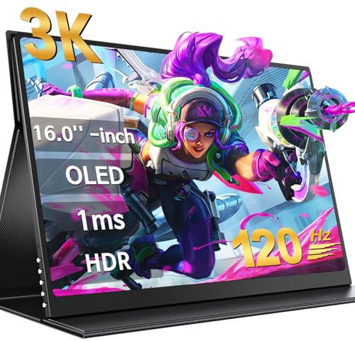 EVICIV Portable Monitor OLED 3K 120Hz 16 Zoll Tragbarer Display mit VESA & Schutzhülle, 2880*1800/100000:1/500Nits/100% DCI-P3/16:10 IPS Ultra-dünn Metallgehäuse Gaming Bildschirm mit USB C Mini HDMI