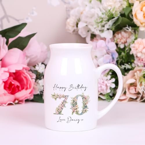Personalised Floral Birthday Jug - Custom Ceramic Vase - Happy Birthday Gift for Mum, Nan, or Friend - Keepsake Vase, 50th 60th 70th