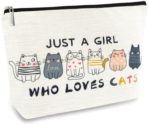 Chat Trousse De Maquillage,Trousse de Maquillage Chat Petite Trousse de Toilette Femme avec Motif Chat Imperméable en Lin Portable et Minimaliste pour Femmes Filles et Amoureux des Chats