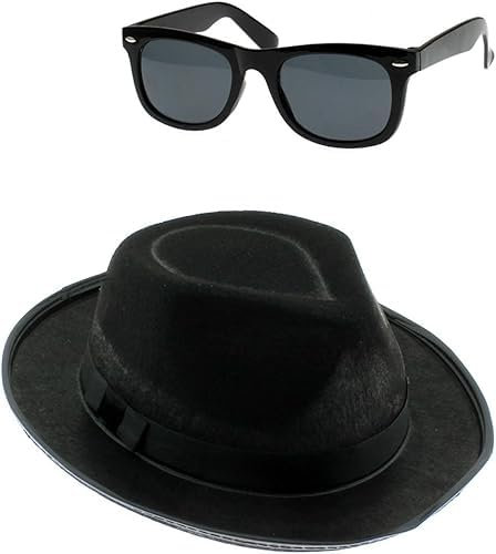 FASHIONISM Blues Brothers Band Hut & Brille Set Uni Blues Hut & Sonnenbrille American Band Fancy Party Kostüm Zubehör
