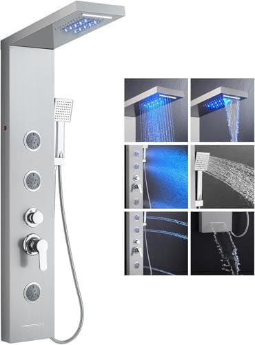 LLFFSSDG Torre de Ducha Termostática: Cabezal de Lluvia Ajustable, 4 Chorros Corporales y Ducha de Mano 3 en 1 - Acero Inoxidable Cepillado - Montaje en Pared