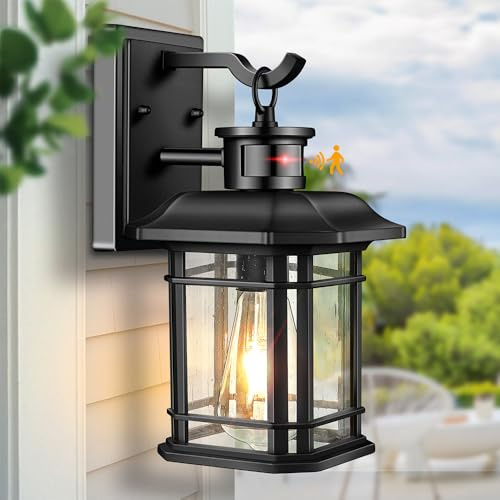 VIANIS Außenlampe mit Bewegungsmelder, Schwarz Aussenlampe Wand, Ausenbeleutung Hauswand aus Pulverbeschichtetem Aluminium, Modern Außenleuchte für Garage, Terassenlampe Außen Wand für Balkon, Eingang