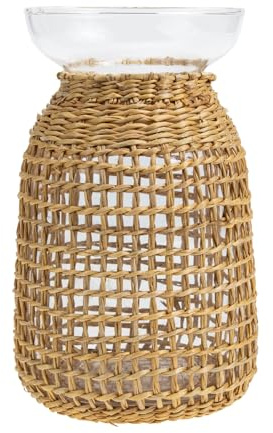 Kleine Blumenvase aus Glas mit Strohumwicklung, Khaki | Rutschfester Boden, Kreative Form, für Büro und Einzug, Tischdeko für Arrangements