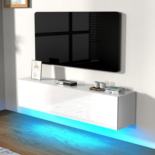 Oyajia TV-Bänke & Lowboards TV​​ Fernsehschrank​​ TV-Tisch TV-Ständer mit Schränk mit Türen mit RGB LED-Beleuchtung​​ für Wohnzimmer, Schlafzimmer, 140x29x35 cm, Weiß