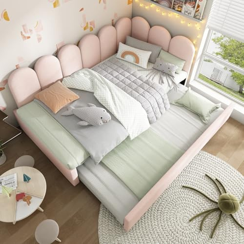 EURHCIO Lit 90x200cm,Canapé Lit en Velours avec lit gigogne 90x190cm,Sommier à Lattes,pour Enfant Adolescent (Rose, 90x200-C)