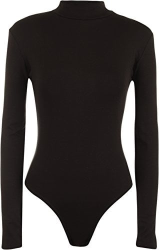 WearAll - Neu Damen Rollkragen Bodysuit Langarm Elastisch Gymnastikanzug Top - Schwarz - 40-42