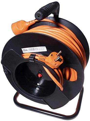 PremiumCord 50m Kabeltrommel Qualitätsverlängerung 230V auf der Trommel mit Thermoschutz und Kabelhalter